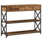 Console industrielle bois et métal – Bois ancien, 2 tiroirs, 2 étagères, 100 cm