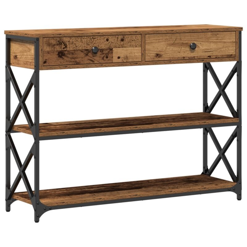 Console industrielle bois et métal – Bois ancien, 2 tiroirs, 2 étagères, 100 cm
