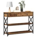Console industrielle bois et métal – Bois ancien, 2 tiroirs, 2 étagères, 100 cm