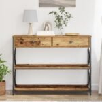 Console industrielle bois et métal – Bois ancien, 2 tiroirs, 2 étagères, 100 cm