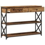 Console industrielle bois et métal – Bois ancien, 2 tiroirs, 2 étagères, 100 cm