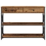 Console industrielle bois et métal – Bois ancien, 2 tiroirs, 2 étagères, 100 cm
