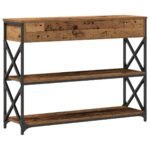 Console industrielle bois et métal – Bois ancien, 2 tiroirs, 2 étagères, 100 cm